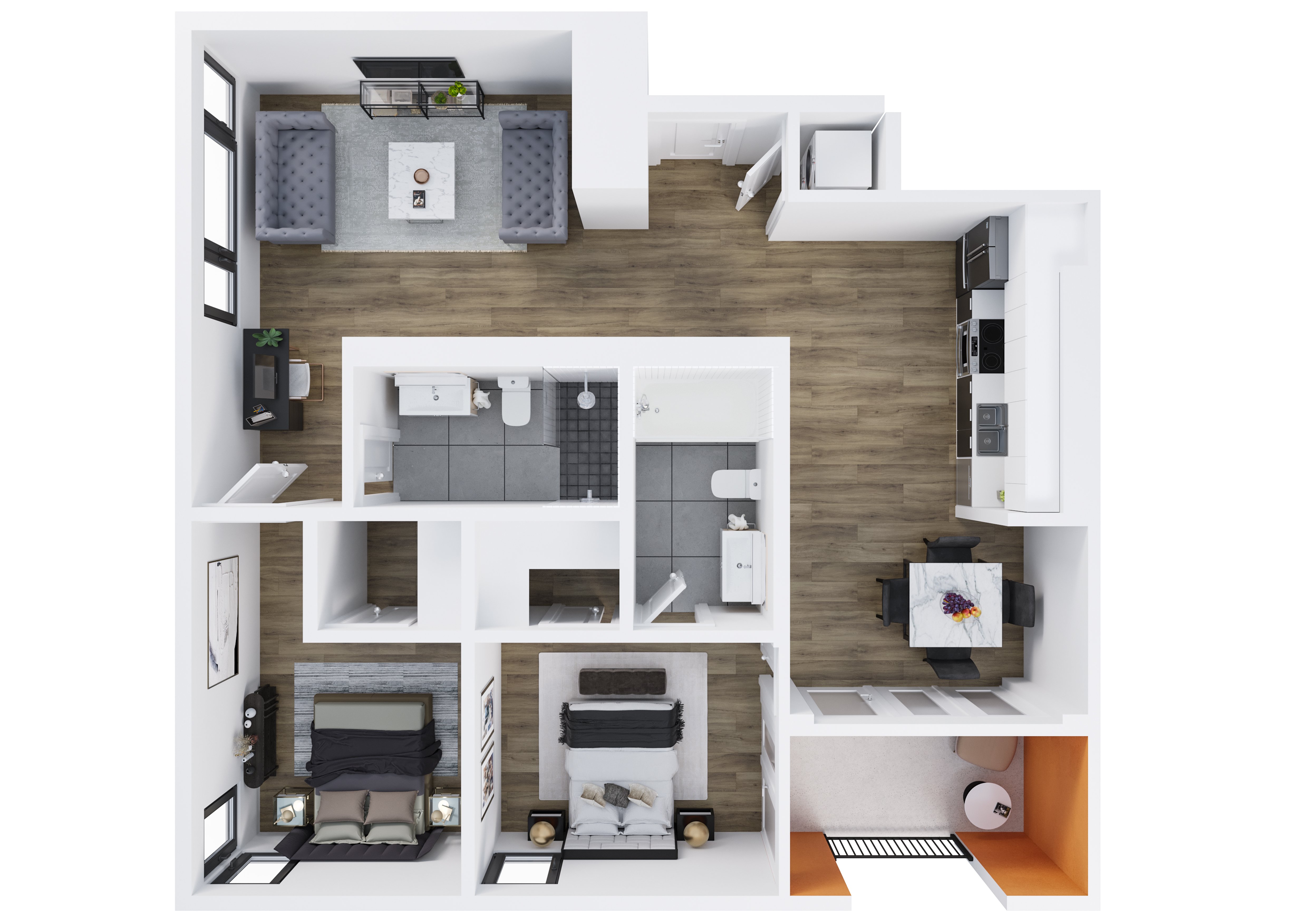 Floor plan for 2 beds, 2 baths, 1103 sqft